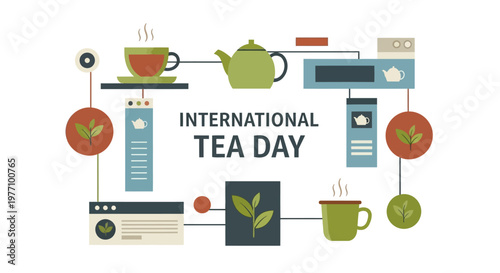 Detailed International Tea Day infographic illustrating the tea-making process with teapots, cups, and leaves on an isolated white background.