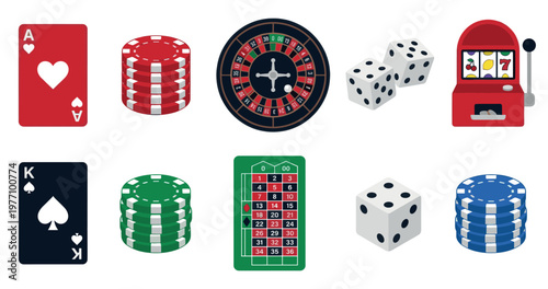 A vibrant flat design collection of casino gambling icons, including cards, dice, roulette, chips, and a slot machine, perfect for digital or print use.