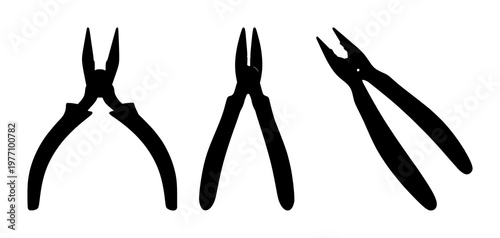 Pliers set with single black silhouette on white background featuring hand tool, cut-action, grip with industrial design and electronics