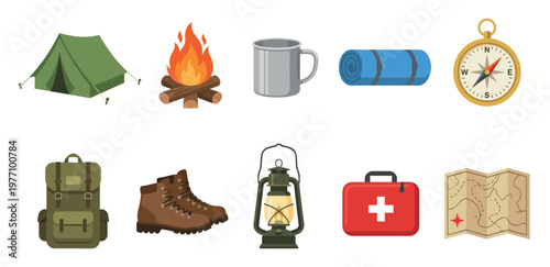 A collection of illustrated icons represents essential camping gear for outdoor adventures, including a tent, campfire, compass, backpack, and more, ideal for travel and recreation themes.