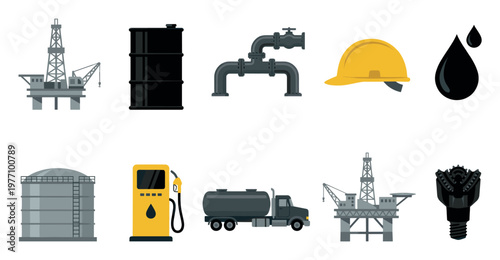 A collection of flat design icons representing various aspects of the oil and gas industry, including drilling rigs, barrels, pipelines, and fuel stations.