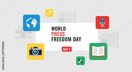 World Press Freedom Day timeline with icons including globe, camera, news, microphone, and book, in a bright studio.