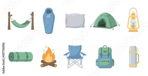 A flat design illustration showcases a collection of essential camping gear, including a hammock, sleeping bag, pillow, tent, lantern, rolled sleeping pad, campfire, folding chair, backpack.