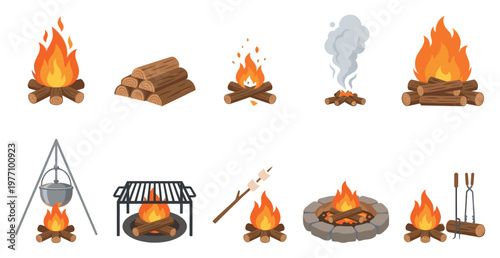A collection of flat vector illustrations depicting various stages and elements of a campfire including logs burning embers smoke cooking pot grill and marshmallows on a stick.