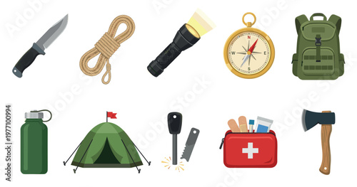 A vibrant collection of essential camping gear arranged in two rows on a white background, showcasing a knife, rope, flashlight, compass, backpack, water bottle, tent, fire starter, first aid kit.