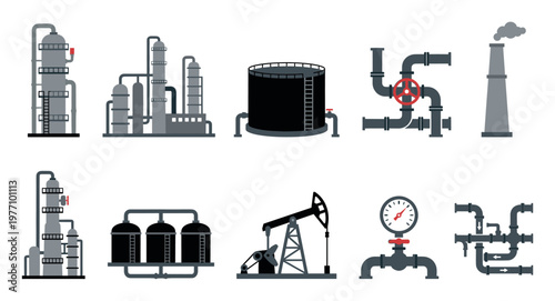 A collection of flat design vector icons representing various oil and gas industry equipment, including refineries, storage tanks, a pump jack, and piping systems.