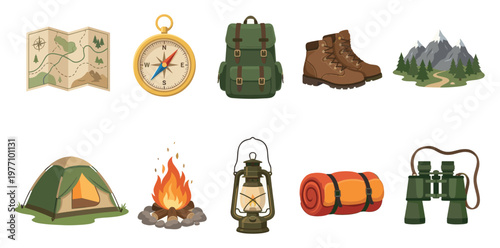 A collection of illustrated camping equipment, including a map, compass, backpack, boots, tent, campfire, lantern, sleeping bag, and binoculars, perfect for outdoor adventure themes.