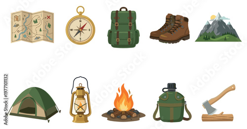 Collection of flat design vector illustrations depicting essential outdoor adventure and camping gear on a white background, perfect for travel themes.