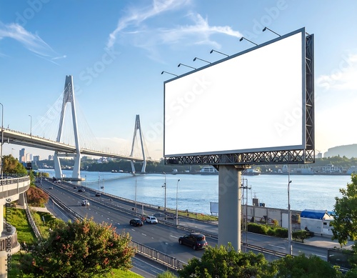 Blank Billboard on a Bridge Overlooking a River with Traffic.