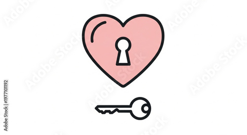 
This charming minimalist vector illustration features a pink heart with a central keyhole and a matching key below. The clean line art style conveys themes of love, romance, and emotional security.