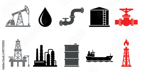 A collection of flat design icons representing the oil and gas industry, including extraction, transportation, refining, and energy production with a clean white background.