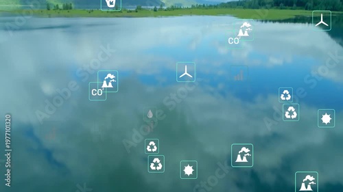 Overlay fading, pullback revealing lake, wind CO2 chart icons floating, clustering climate data