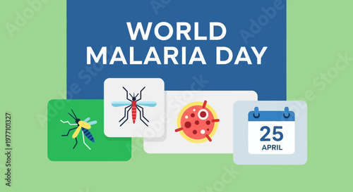 World Malaria Day Flat Design Illustration with Mosquito, Red Blood Cells, and Calendar Icon for April 25 on a Colorful Block Background.