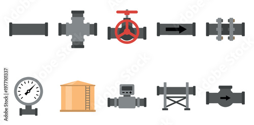 A collection of flat vector icons representing various industrial plumbing components, including pipes, valves, a gauge, and a tank, on a white background.