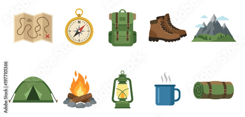 A flat design collection of camping and adventure icons including a map, compass, backpack, boots, tent, campfire, lantern, mug, and sleeping bag.