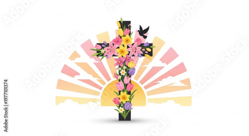 Floral cross with rising sun and dove symbolizing hope and new beginnings perfect for religious or Easter themes