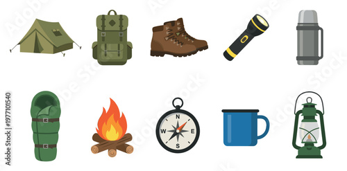 A flat vector illustration showcases essential camping gear including a tent, backpack, boots, flashlight, thermos, sleeping bag, campfire, compass, mug, and lantern.