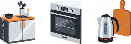 Modern Kitchen Equipment Vector Set with Oven Kettle and Cabinet