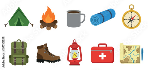 A flat design collection of outdoor adventure icons including a tent, campfire, mug, sleeping pad, compass, backpack, boot, lantern, first aid kit, and map.