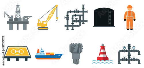 A collection of flat design icons representing various elements of the oil and gas industry, including an oil rig, crane, pipes, and a worker.