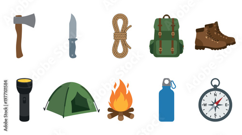 A collection of essential camping gear depicted in a clean, flat design style on a white background, perfect for adventure and outdoor themes.