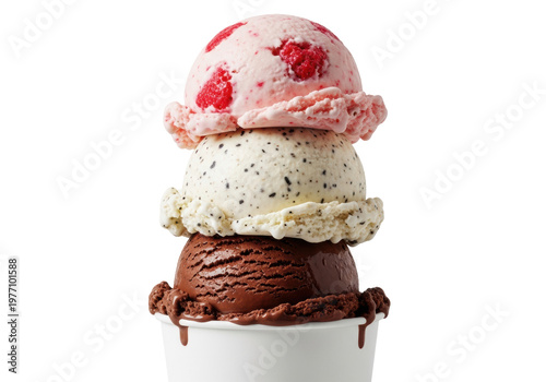 Three scoops of artisanal chocolate, vanilla, and strawberry ice cream in a white cup on a transparent background. Summer dessert advertising concept