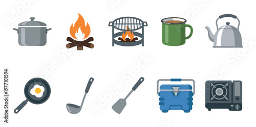 A collection of flat illustration icons depicting various camping and outdoor cooking essentials, including a pot, campfire, grill, mug, kettle, frying pan with egg, ladle, spatula, cooler.