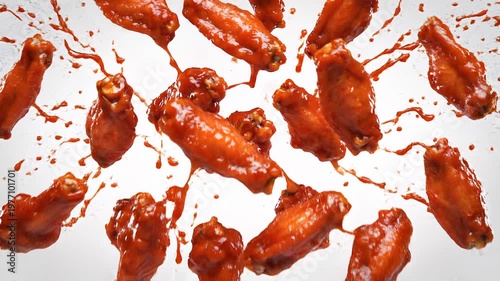 Deliciously sauced, crispy chicken wings flying through the air against a white background, creating a dynamic and appetizing food art composition