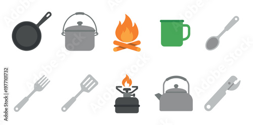 A collection of flat design icons representing essential camping cooking equipment, including a skillet, pot, campfire, mug, and various utensils, useful for outdoor adventure themes.