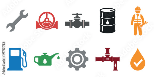 A clean, flat design collection of industry icons featuring tools, equipment, and symbols related to energy, oil, gas, and service sectors, ideal for presentations and web use.