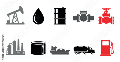 This graphic displays a collection of flat icons representing the oil and gas industry, including a pumpjack, oil drop, barrels, pipelines, refinery, storage tank, tanker ship, fuel truck.