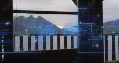 Vertical video: After start, balcony rail showing circuit overlay pulsing, shifting to show data