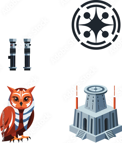 Futuristic Sci-Fi Vector Icons Set Featuring Owl Tower and Symbols
