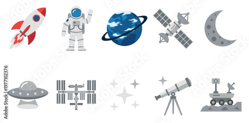 A collection of flat design icons representing various space elements including a rocket, astronaut, planet, satellite, moon, UFO, space station, telescope, and rover against a white background.