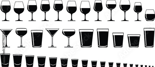 Comprehensive collection of black glassware silhouettes including wine glasses, cocktail martinis, beer tumblers, and shot glass icons, designed for professional bar and restaurant menu vector 