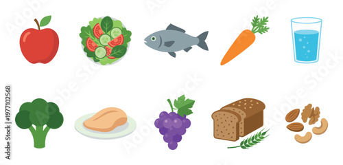A collection of healthy food icons including an apple, salad, fish, carrot, water, broccoli, chicken, grapes, bread, and nuts set against a white background.