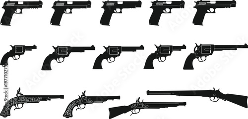 Handgun and rifle silhouettes collection featuring modern pistols revolvers and antique flintlock firearms isolated on white background for security military history and 