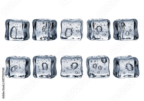Ten hyper-detailed artisanal ice cubes with crystalline clarity arranged in rows on a transparent background. Concept for luxury beverage advertising