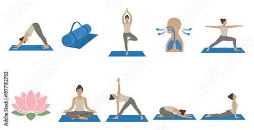 This flat illustration features various yoga poses, a yoga mat, a lotus flower, and a diagram of the human respiratory system with breathing arrows.