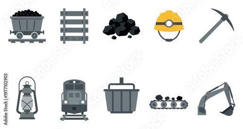 This flat design graphic features a collection of essential coal mining elements, including a mine cart, tracks, coal, a helmet, pickaxe, lantern, train, conveyor belt, and excavator.