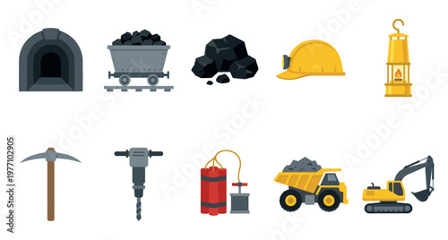 A flat design collection of mining industry elements including a tunnel, coal, cart, helmet, lantern, pickaxe, drill, dynamite, truck, and excavator.