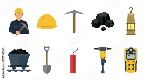 Flat vector illustrations of mining equipment and coal industry tools, including a miner, hard hat, pickaxe, coal, lantern, mine cart, shovel, dynamite, jackhammer, and gas detector.