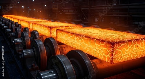 Hot Steel Billets Moving on Industrial Roller Conveyor in Steel Mill