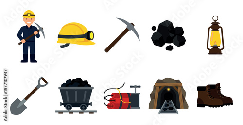 A collection of cartoon-style mining equipment and supplies, including a miner, pickaxe, helmet, coal, lantern, shovel, mine cart, dynamite, mine entrance, and boots on a white background.