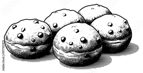 Chocolate chip muffins group in vintage engraving woodcut style