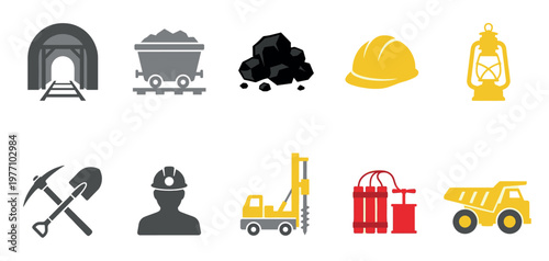 A collection of ten flat design icons representing various aspects of the mining industry, including a mine entrance, coal cart, coal, hard hat, lantern, tools, miner silhouette, drill, dynamite.
