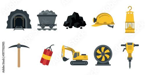 A collection of flat design icons representing mining industry tools, equipment, and resources, including a mine entrance, coal cart, coal pile, hard hat, lantern, pickaxe, dynamite, excavator, fan.