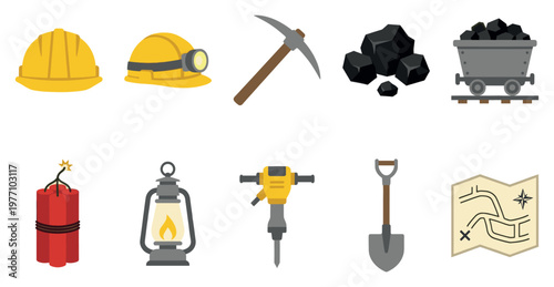 A flat design collection of mining tools and equipment, including a helmet, pickaxe, coal, cart, dynamite, lantern, jackhammer, shovel, and map, on a white background.