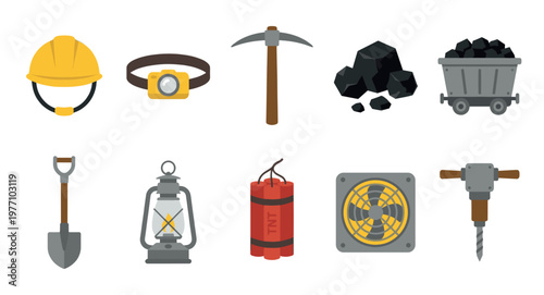 A collection of flat design icons representing mining tools and equipment, including a hard hat, headlamp, pickaxe, coal, cart, shovel, lantern, dynamite, fan, and drill.