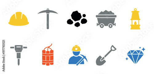 A collection of colorful icons representing various mining tools and elements, including a hard hat, pickaxe, coal, mine cart, lantern, drill, dynamite, miner, shovel, and diamond.